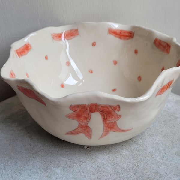 Ceramic bowl wth red dots spots and ribbon handmade fluted scalloped dish. 