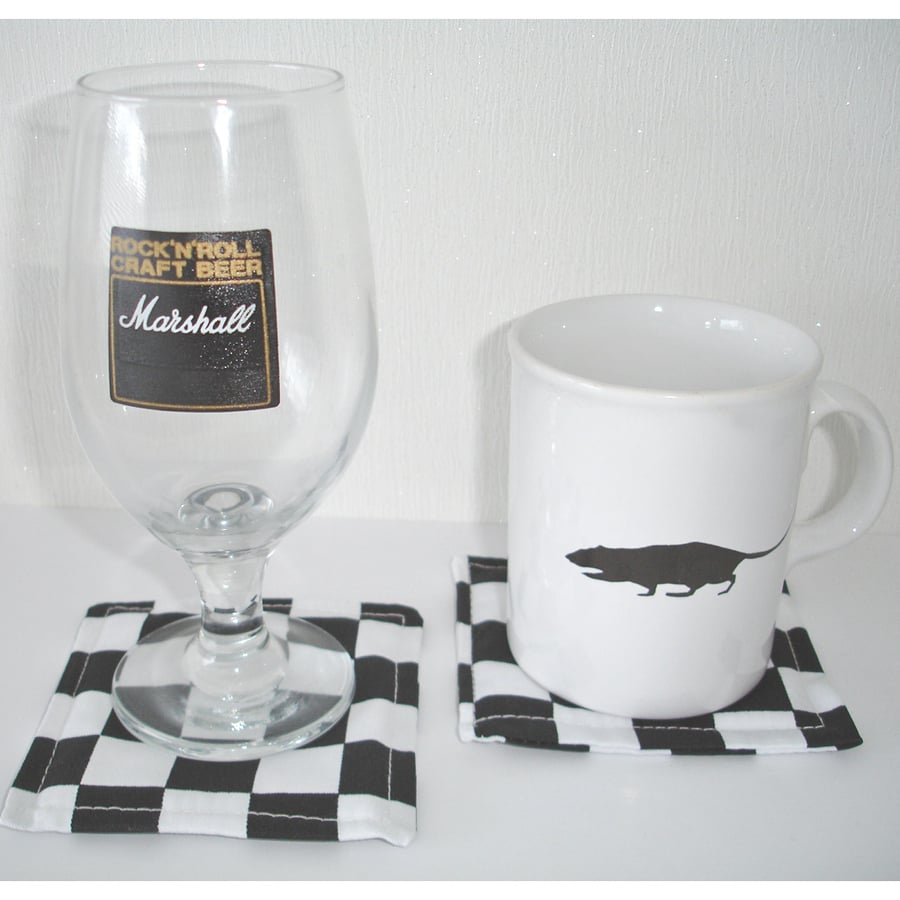 Coasters Black and White Ska Check Monochrome Pair of Fabric Mug Rugs