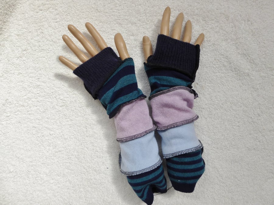 Finger-less Gloves Arm-warmers created from Up-cycled Sweaters. Navy Blue Lilac