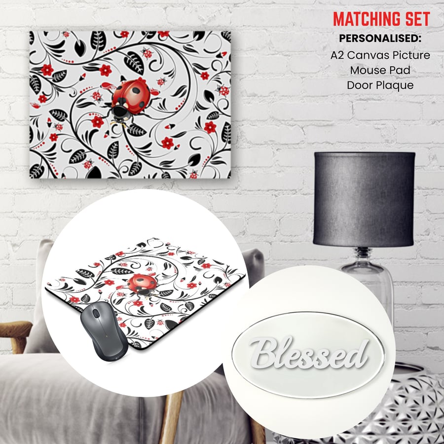 Ladybug Artistic Inspired Personalised A2 Canvas, Mouse Mat, Door Plaque Set!