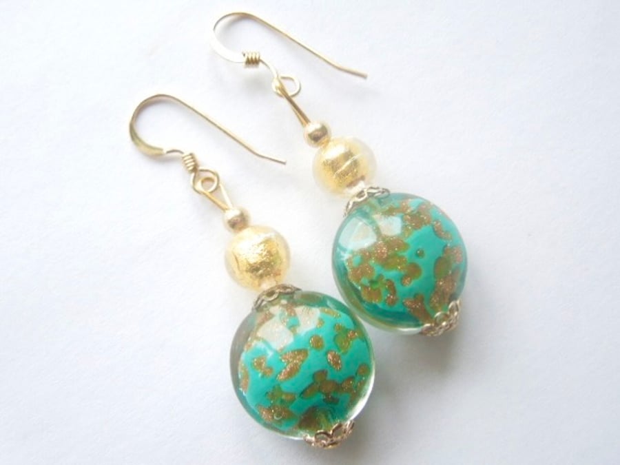 Murano glass green teal earrings with gold filled wires.