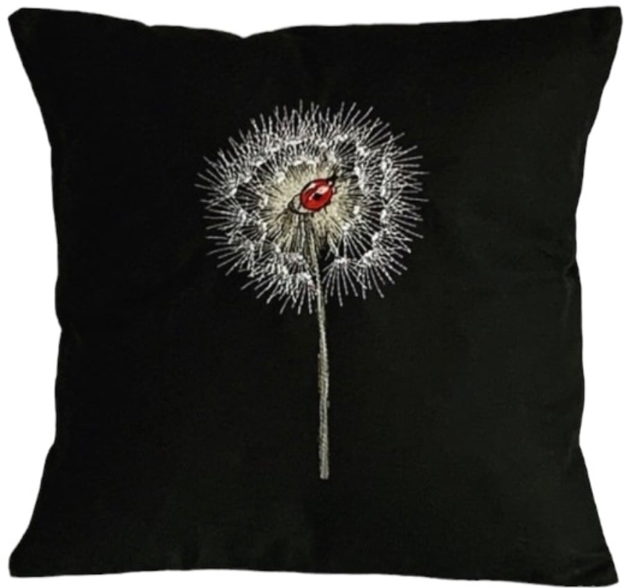 Dandelion & Ladybird Embroidered Cushion Cover BLACK 