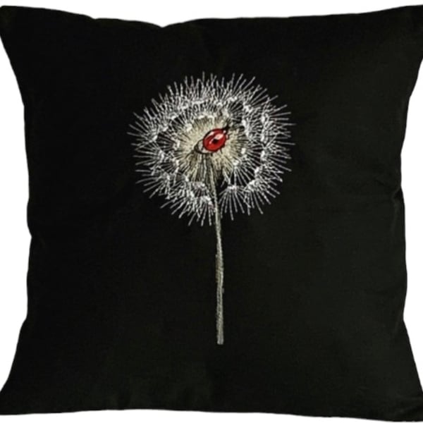 Dandelion & Ladybird Embroidered Cushion Cover BLACK 