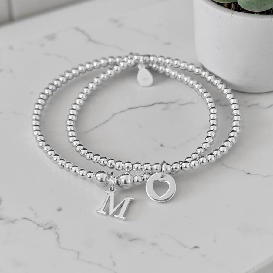 Sterling Silver Personalised Stretch Initial and Heart Charm Bracelet Set 