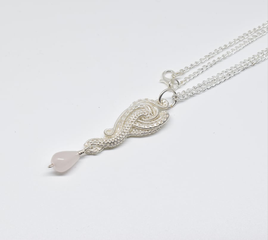Rose Quartz and Silver Filled Wire Woven Pendant