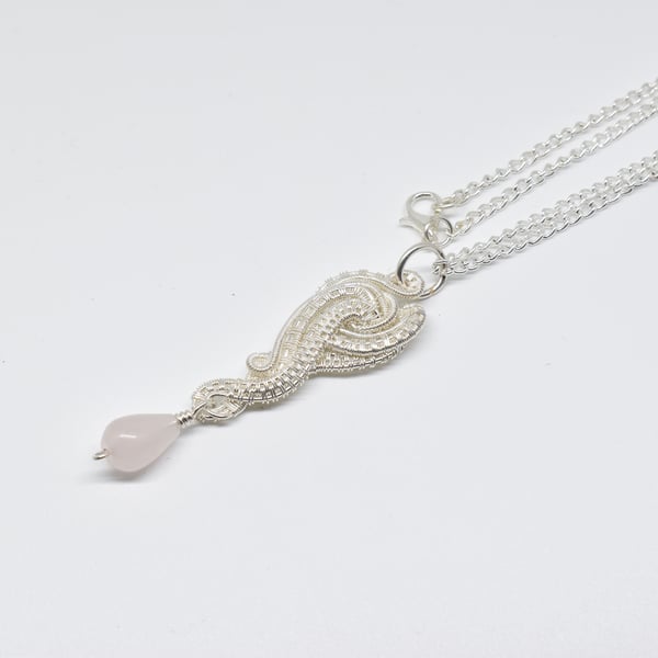 Rose Quartz and Silver Filled Wire Woven Pendant