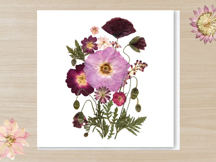 Poppies & Rose bouquet, Pressed Flower Print card, 