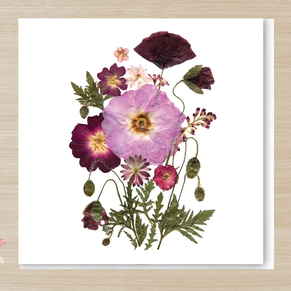 Poppies & Rose bouquet, Pressed Flower Print card, 