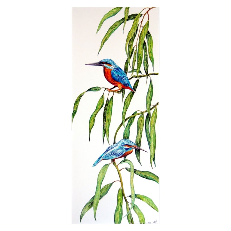 Kingfisher Birds on Willow Tree Watercolour Print 
