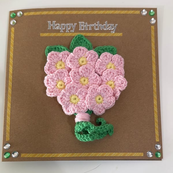 Handmade Crochet Birthday Card Flower Bouquet Pink
