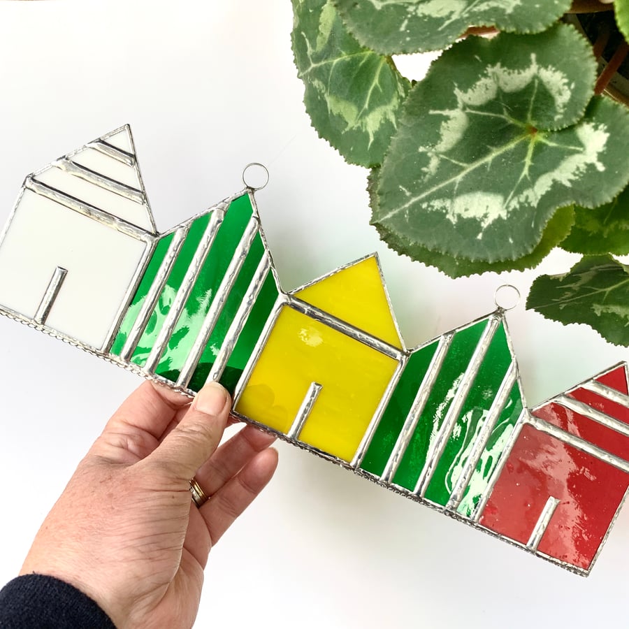 Stained Glass Suncatcher Beach Huts - Handmade Decoration - Multi