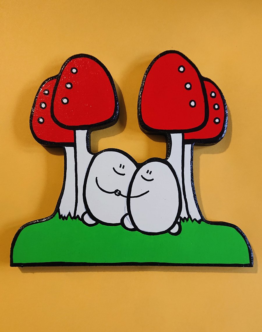 Sale! Cheps in a Mushroom Forest - Original woodcut acrylic painting