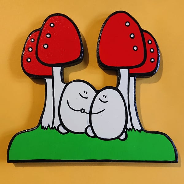 Sale! Cheps in a Mushroom Forest - Original woodcut acrylic painting
