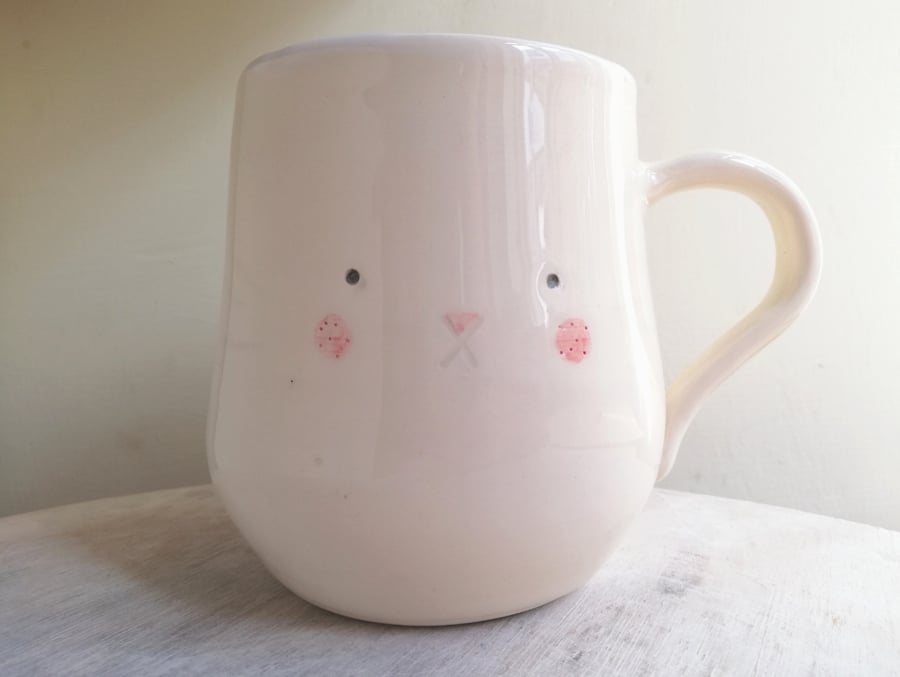 Handmade bunny rabbit mug handpainted face tail cup second SALE