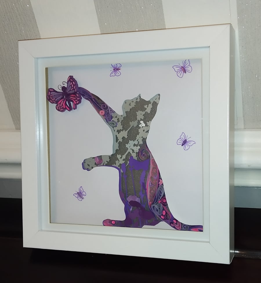 Quilled cat art, paper cut art, shadow box art ,cat lovers gifts