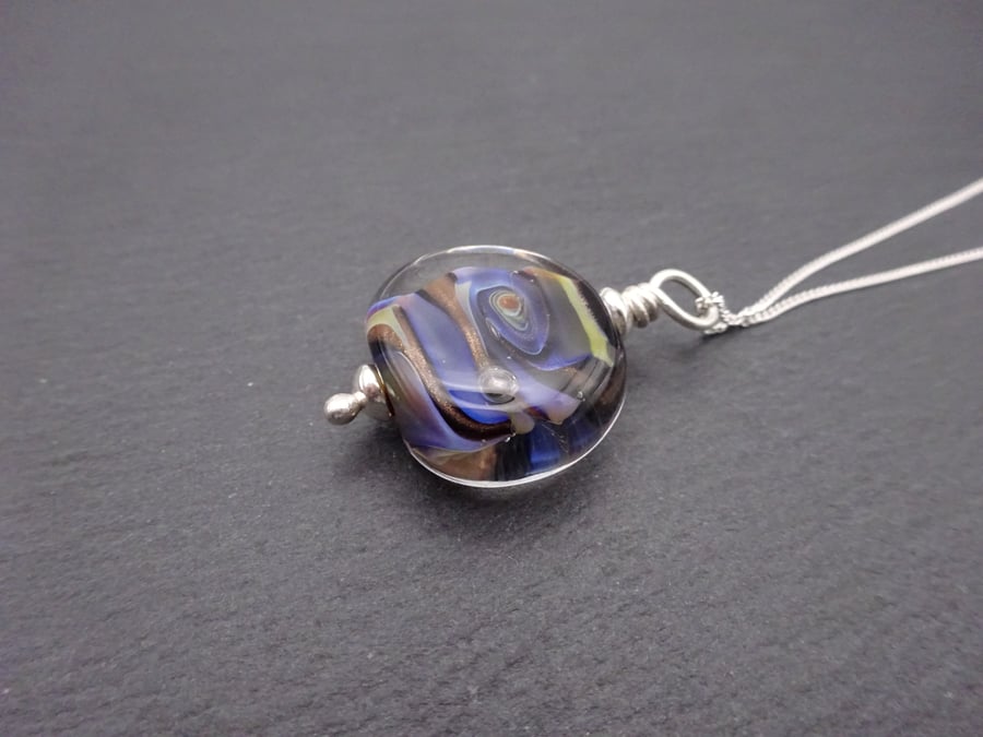 sterling silver chain, lampwork glass pendant, blue and gold