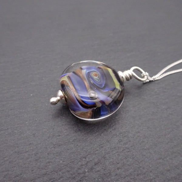 sterling silver chain, lampwork glass pendant, blue and gold