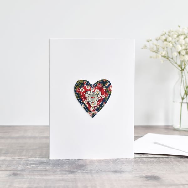 Sewn heart card, love heart valentines card, handmade wedding anniversary card
