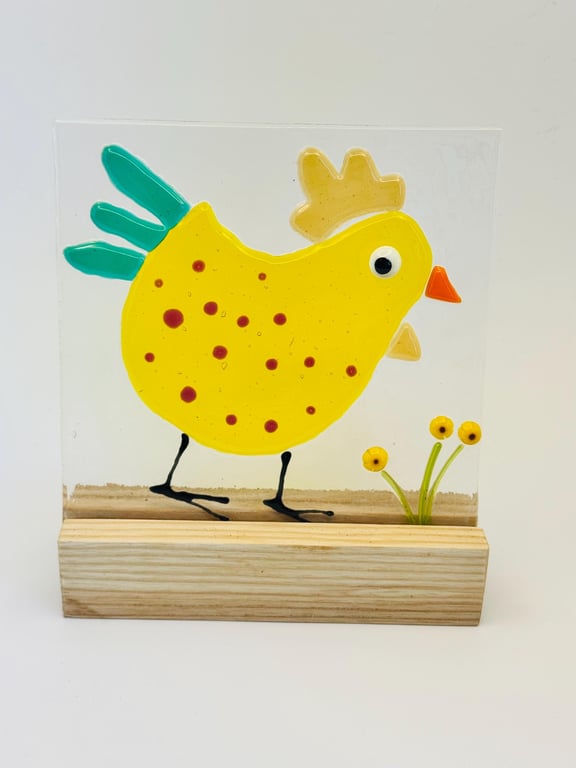Funky Rooster Fused Glass Panel on Wooden Stand Whimsical Farmhouse Decor