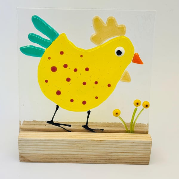Funky Rooster Fused Glass Panel on Wooden Stand Whimsical Farmhouse Decor