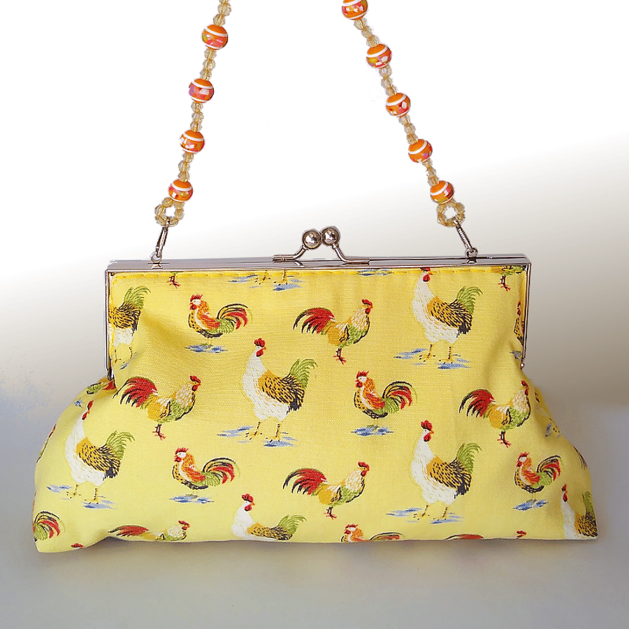 Vintage style clutch bag, yellow with chickens and detachable strap