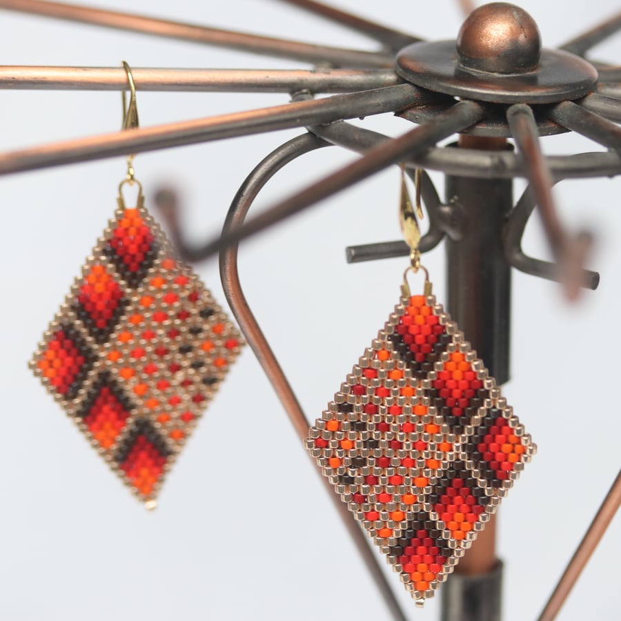 Diamond Shaped Beaded Earrings with Red, Orange and Gold Geometric Design