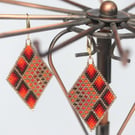 Diamond Shaped Beaded Earrings with Red, Orange and Gold Geometric Design