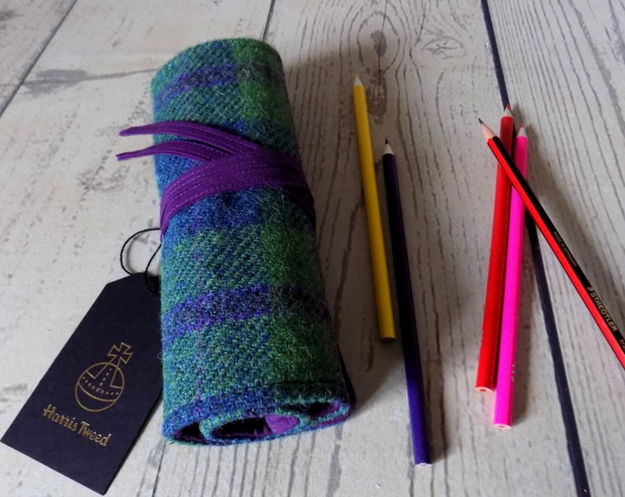 Harris Tweed pencils roll in pea green, blue and violet. Pencils not included