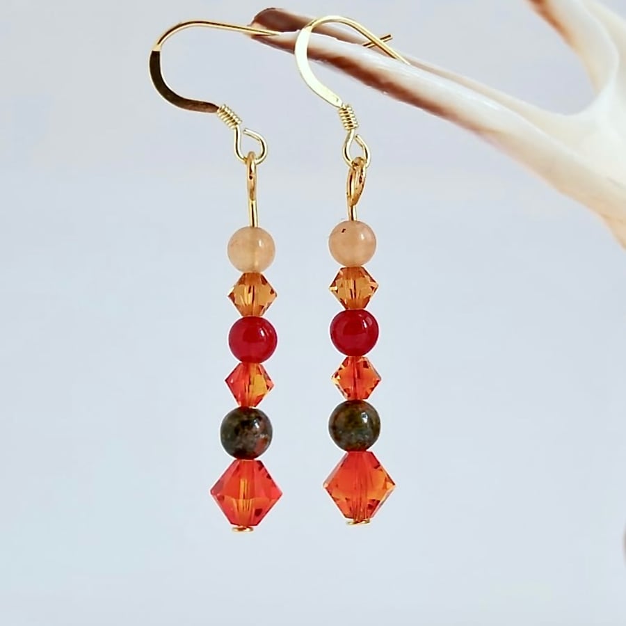 "Autumn Colours" Earrings - Swarovski Crystal, Unakite, Agate & Aventurine Beads