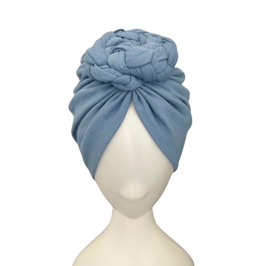 Blue Chain Knot Turban Hat Soft Elastic Pre Tied Turban Head Wrap for Women 