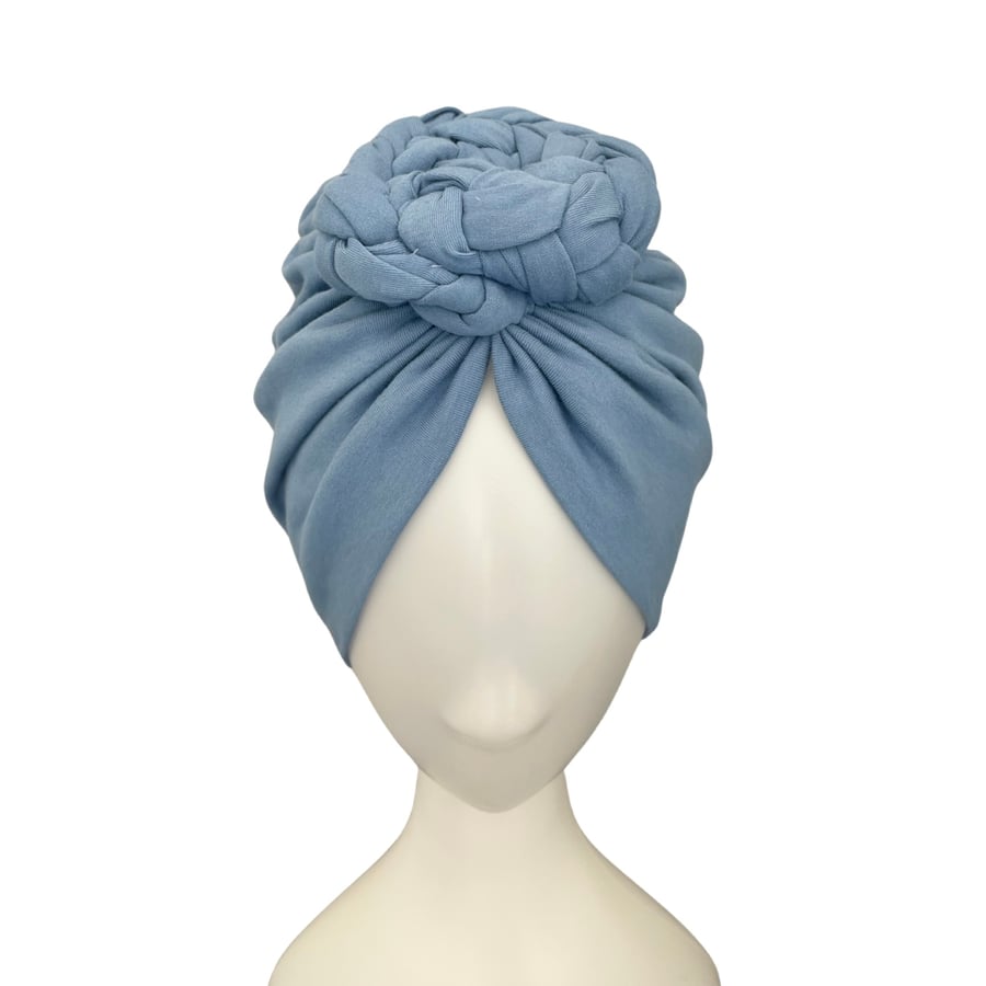 Blue Chain Knot Turban Hat Soft Elastic Pre Tied Turban Head Wrap for Women