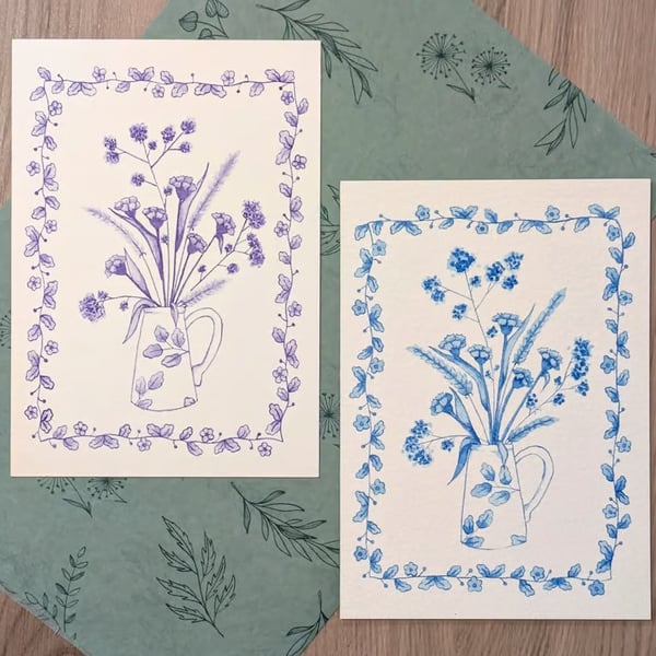 Original Botanical Floral Hand Painted Ink Illustration A6