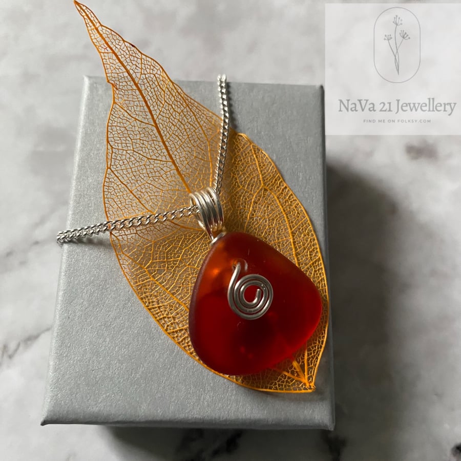 SOLD—Red Seaglass wire wrapped pendant REF: RSWWP01