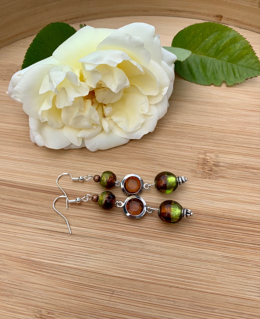 Olivine & Amber Dangle Handmade Earrings Silver Plated 