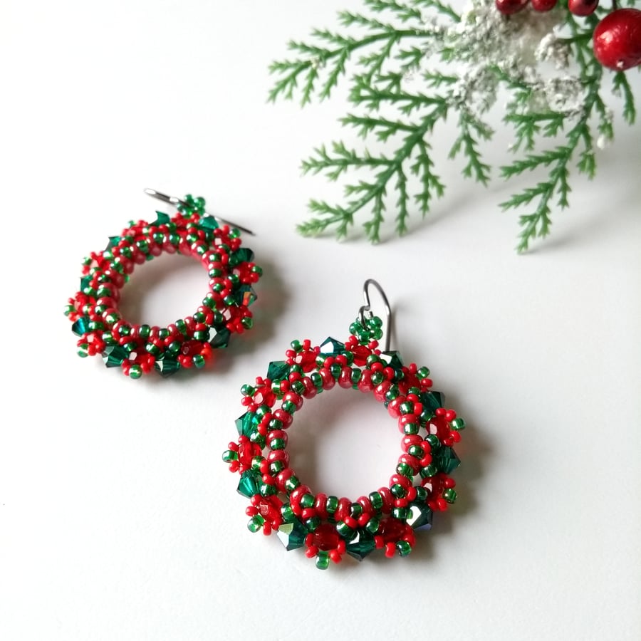 Christmas Wreath Hoop Earrings in Red and Green