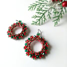 Christmas Wreath Hoop Earrings in Red and Green