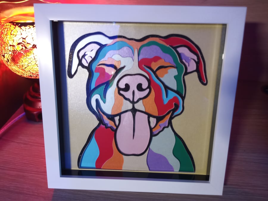 Smiley Staffordshire Bull Terrier Dog, Multi Coloured Shadow Box, Wall Art. 