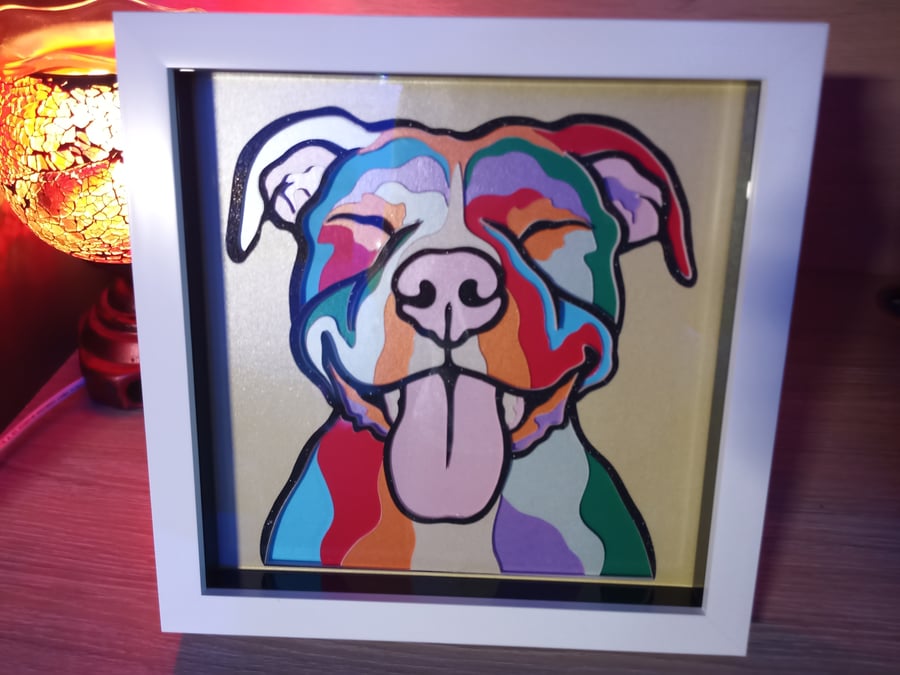 Smiley Staffordshire Bull Terrier Dog, Multi Coloured Shadow Box, Wall Hanging