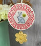 Ceramic decoration with rabbit and flower pink