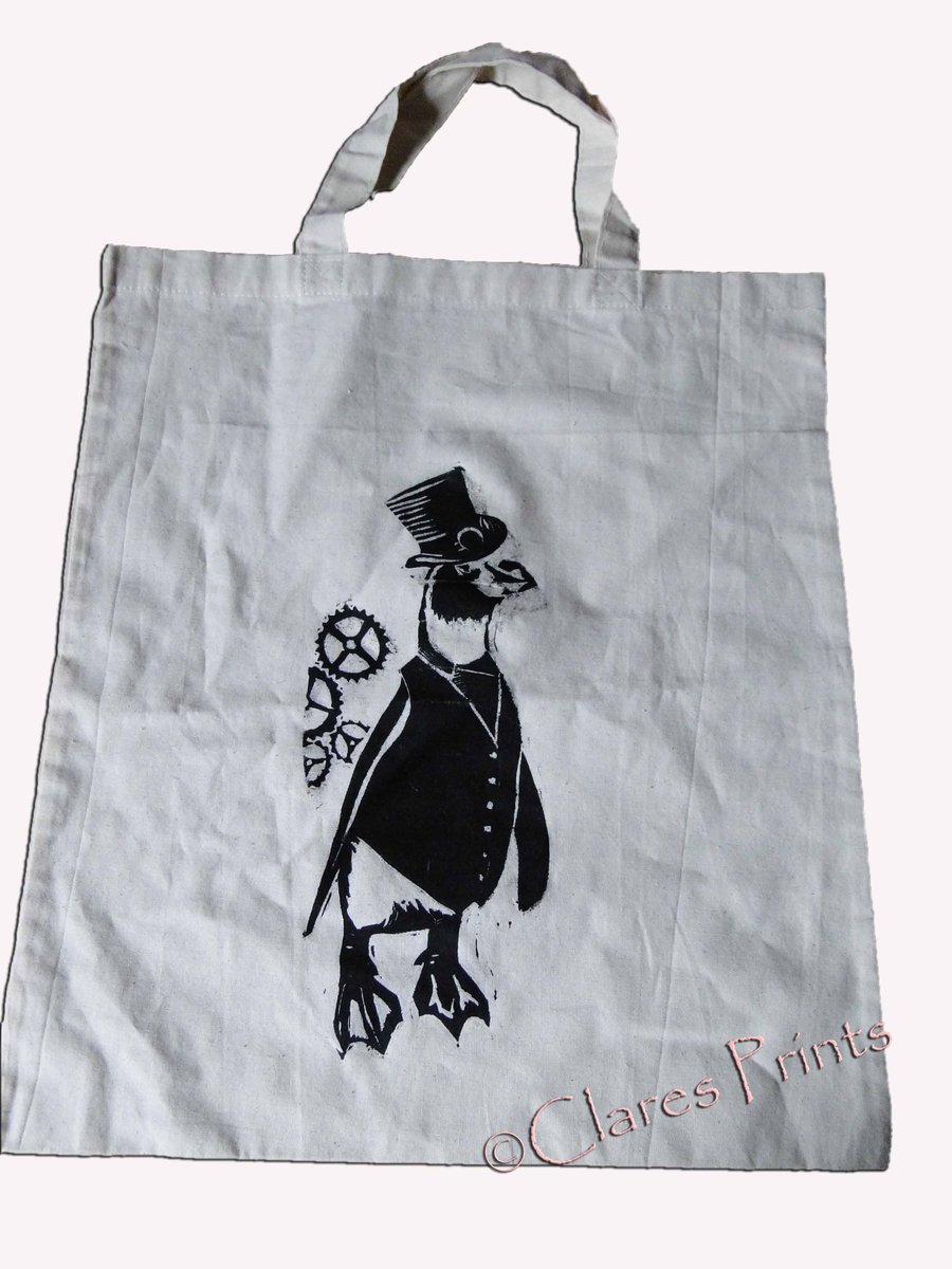 Sale Steampukn Penguin Linocut Hand Printed Cream Tote Shopping Bag