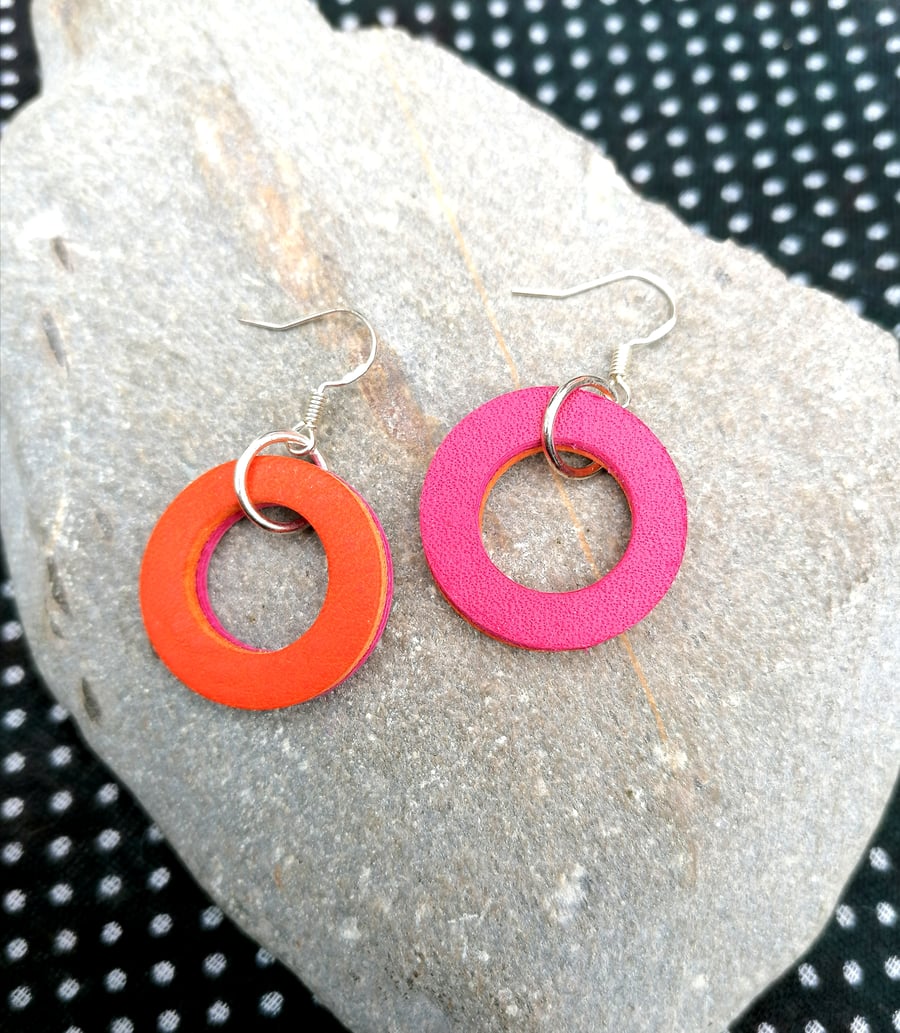 Colour Duo Leather Hoop Earrings - Pink & Orange Mini