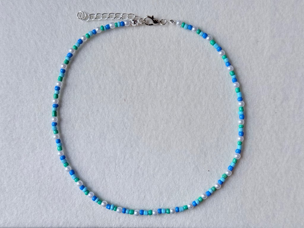 Pearls,Blue Seed Bead Choker Necklace, Y2K Beaded Jewelry, Minimalist Style