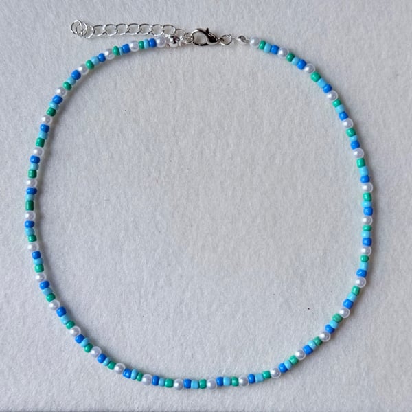 Pearls,Blue Seed Bead Choker Necklace, Y2K Beaded Jewelry, Minimalist Style