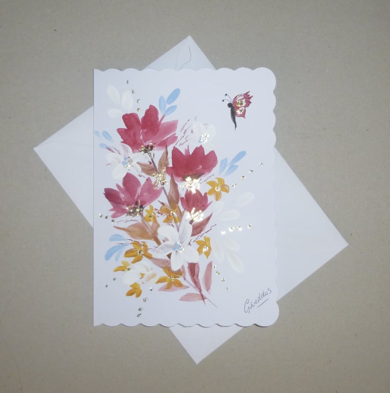 original art hand painted floral greetings card ( ref FA 196 G3)