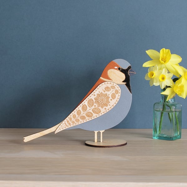 Standing Wooden House Sparrow Decoration - Hand Painted