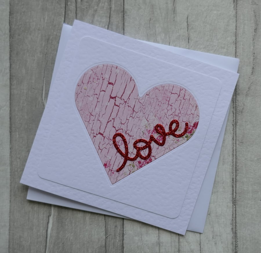 Pink Floral Heart with Red Glitter 'Love' - Anniversary or Love Card