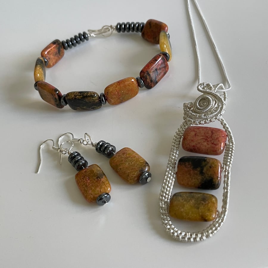 Handmade Gemstone Pendant, Earring and Bracelet  Trio Gift Set
