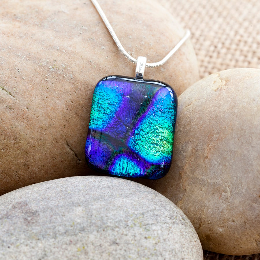 Dramatic Purple and Blue Abstract Fused Glass Dichroic Pendant