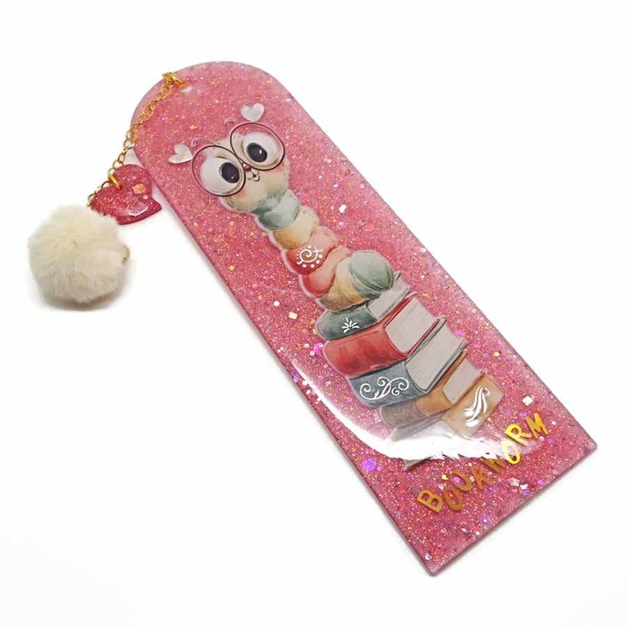 Pink Bookworm Bookmark made with Resin and Inclusions