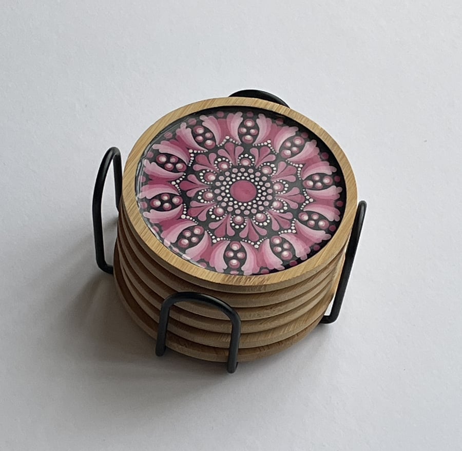 Coaster Set of 6 Pink Mandala Hand Painted Unique With Metal Coaster Holder